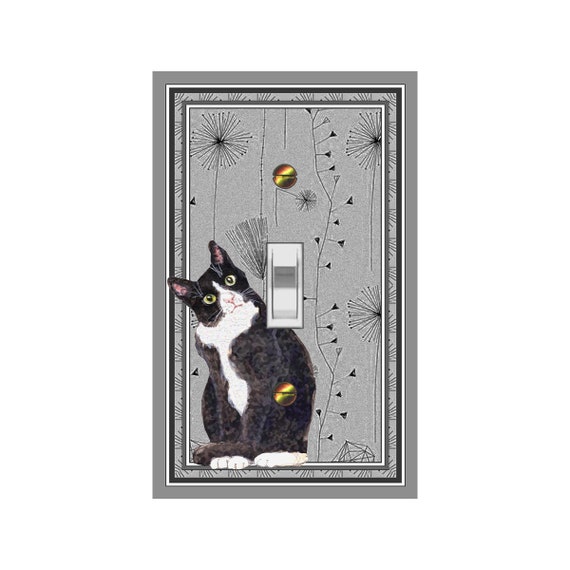 0141C Tuxedo Cat Retro Dandelion Wishes Gray Scale Background ~ Mrs Butler Unique Switchplates ~ Use Drop Downs ~ See 0141C-G Variations