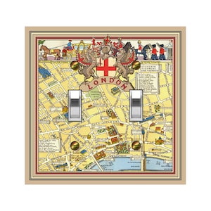 May include: A vintage-style light switch plate featuring a map of London, England. The map is in a yellow, red, and blue color scheme and includes the text "LONDON" and "HIGHGATE HIGHWAY AND THE NORTH".