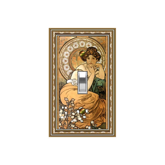 1431X Art Nouveau Mucha "Topaz" Woman Faux Mosaic Bkgd ~ Mrs Butler Unique Switchplate Cover ~ Use Drop Downs Below ~ See Many Mucha Designs