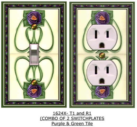 1624X Set of 2 Single Plates ~ Image of Faux Tile Purple Roses & Vines Pale Yellow ~ Mrs Butler Unique Switchplate Cover ~ Use Drop Downs