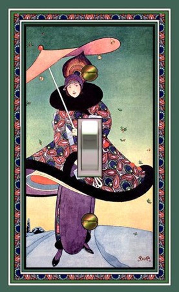 1488X Vogue Cover Woman w/ Umbrella Colorful Xmas Design Green Purple Red Blue ~ Mrs Butler Unique Switchplate Cover ~ Use Drop Down Box