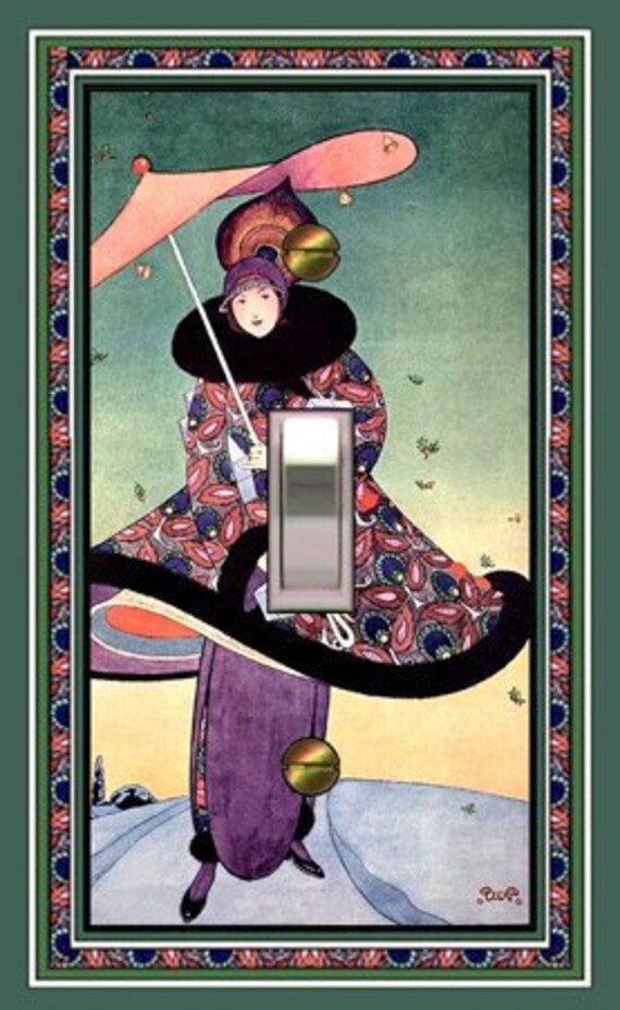 1488X Vogue Cover Woman w/ Umbrella Colorful Xmas Design Green Purple Red Blue ~ Mrs Butler Unique Switchplate Cover ~ Use Drop Down Box