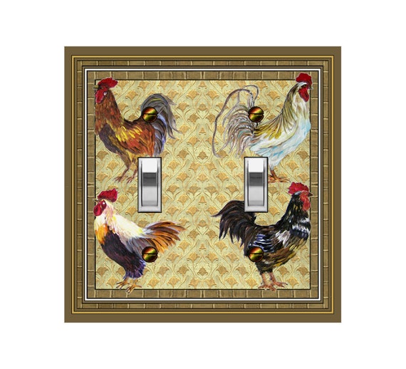 1665A Rustic Roosters on Faux Golden Leaf & Vine Bkd ~ Mrs Butler Unique Switchplate Cover ~ Use Drop Down Boxes ~ See Morer Rooster Designs