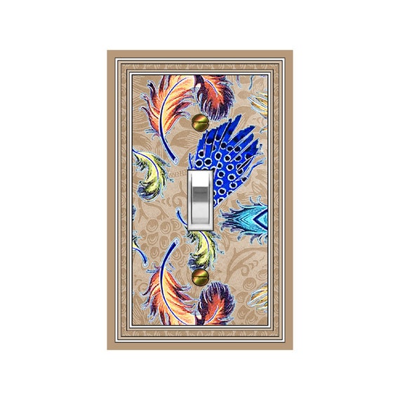 1102A Vibrant Colorful Feathers on Subtle Floral Bkd ~ Mrs Butler Unique Switchplate Cover ~ Use Drop Downs Below ~ See Feather Designs