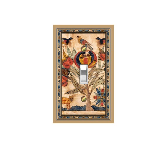 0185X Image of Vintage Folk Art Embroidery Tree Bird Cat Flower Design ~ Mrs Butler Unique Switchplate Cover ~ Use Drop Down Boxes Below