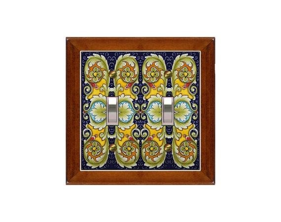 1782X Flat Image of Colorful Floral Tile in Faux Wooden Frame Border ~ Mrs Butler Unique Switchplate Cover ~ Use Drop Down Boxes Below