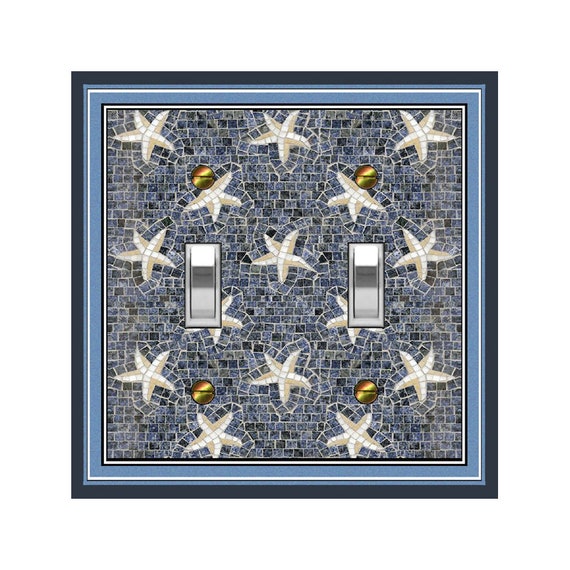 0651X Flat Image of Faux Mosaic Tan White Starfish on Blue Gray Beach Ocean ~ Mrs Butler Unique Switchplate Cover ~ Use Drop Down Box Below