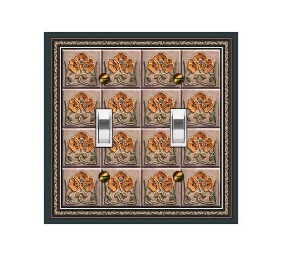 0582X Image of Art Deco Orange Poppies Flowers Faux Tiles ~ Mrs Butler Unique Switchplate Cover ~ Use Drop Down Box Below ~ 0582B Variation