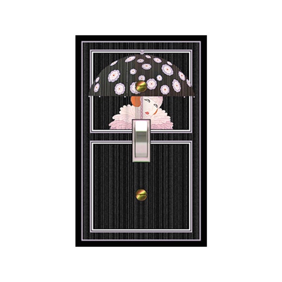 0667X Art Deco Erte Spring Showers Flowered Umbrella in Rain Pink Black ~ Mrs Butler Unique Switchplate Cover ~ Use Drop Down Box Below