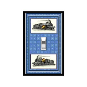 May include: A light switch cover with a blue background and a white light switch. The background has a repeating pattern of white stars. The cover features two images of vintage steam locomotives with black and white details. The locomotives are set against a white background.