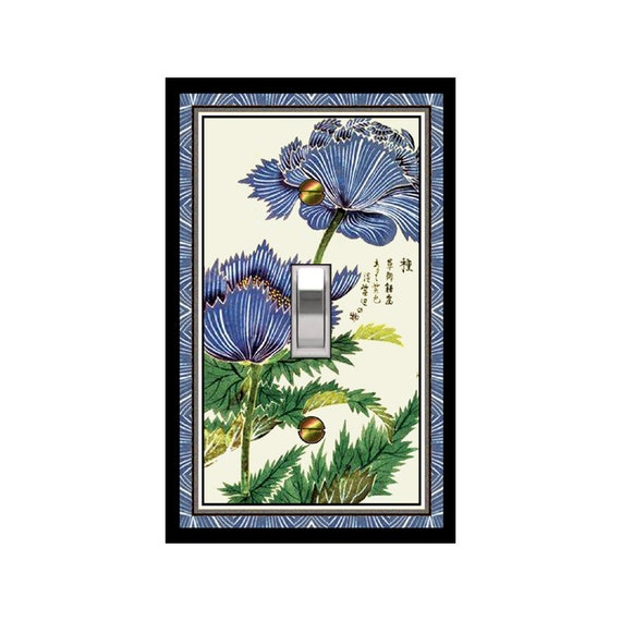 0384X Asian Lovely Blue Flowers & Symbols (Writing) on Cream Background ~ Mrs Butler Unique Switchplate Cover ~ Use Drop Down Boxes Below