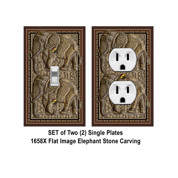 1658X Set of 2 Single Plates ~ Elephants FLAT Image Faux Stone Carving ~ Mrs Butler Unique Switchplate Cover~See 1658X for More Plate Styles