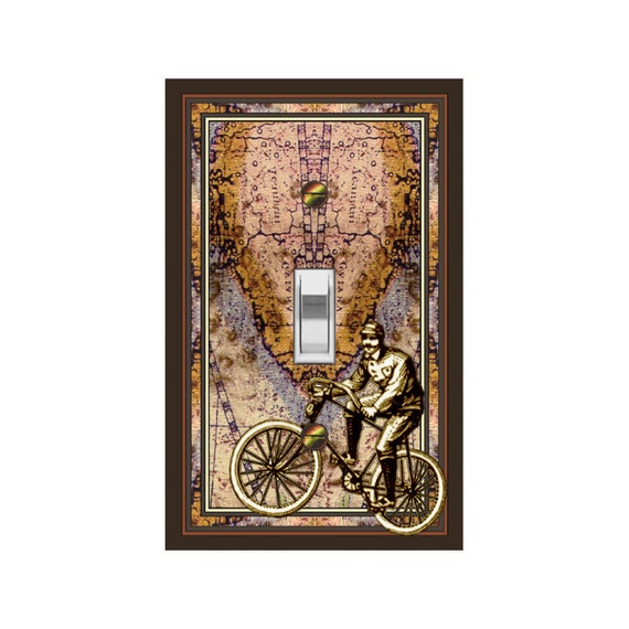 0724C Sepia Man on Bicycle Biker Blurry on Vintage Faux Map ~ Mrs Butler Unique Switchplate ~ Use Drop Downs ~ See 0724A-D; 0711A-B Options