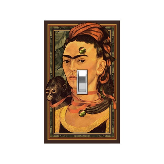 1556A Frida Kahlo & Monkey Self-Portrait on Jungle Leaves Bkgd ~ Mrs Butler Unique Switchplate Cover ~ Use Drop Downs ~ See 1556B Background
