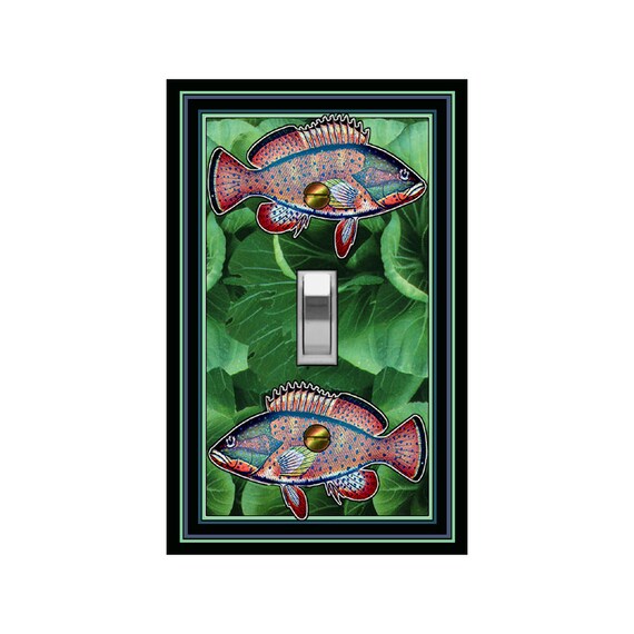 0207A Mythical Colorful Fish on Lush Green Leaves ~ Mrs Butler Unique Switchplate Cover ~ See 0207B-C for Variations & Background Design