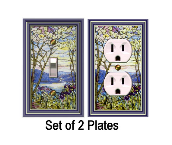 0460X Image of Stained Glass Nature Scene ~ SET of 2 Single Plates ~ Mrs Butler Unique Switchplate Covers ~ See 0460X for All Plate Types