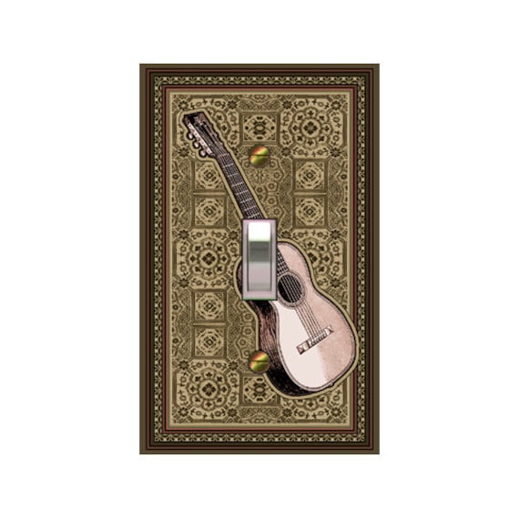 0438A Flat Image Guitar on Tan/Brown Floral Design ~ Mrs Butler Unique Switchplate ~ Use Drop Down Boxes ~ See 0438B Bkgd & Other Guitars