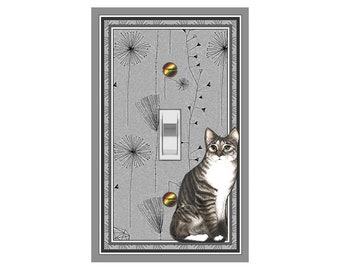 0141G Gray Cat on Retro Dandelion Wishes Gray Scale Bkgd Design ~ Mrs Butler Unique Switchplates ~ Use Drop Downs ~ See 0141C-X Variations