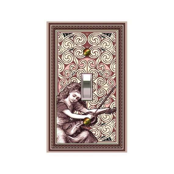 0203A Violin Girl on Maroon & Tan Swirls Bkgd Design ~ Mrs Butler Unique Switchplate Cover ~ Use Drop Down Box Below ~ See 0203B Bkgd