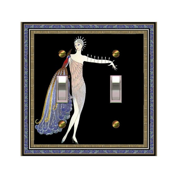1702X Art Deco Erte Woman Gold Blue Violet Peacock Dress Black Bkgd ~ Mrs Butler Unique Switchplate Cover ~ Use Drop Down Box ~See Many Erte