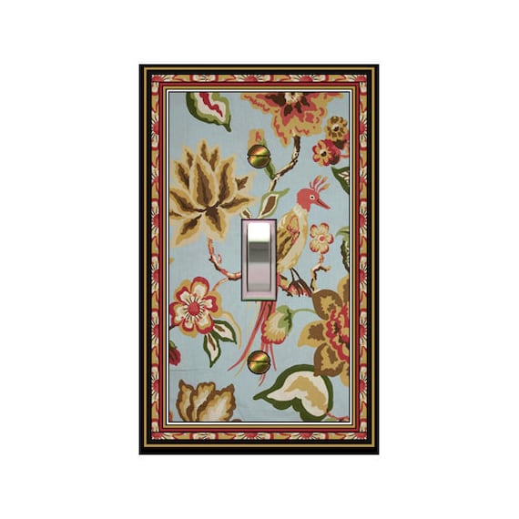 0393X Image of Blue Chintz w/ Red Tan Flowers & Birds ~ Mrs Butler Unique Switchplate Cover ~ Use Drop Down Boxes ~ See More Chintz
