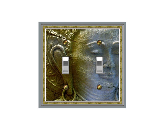 1460X Flat Image of Stone Buddha Head Gray Blue Gold ~ Mrs Butler Unique Switchplate Cover ~ Use Drop Down Boxes ~ See Other Buddha Designs