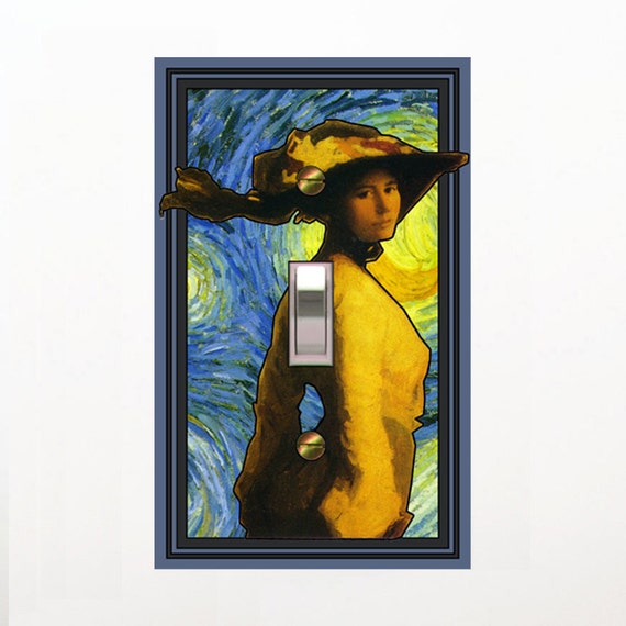 0708A Lady in Yellow on Van Gogh Starry Night Sky Bkd ~ Mrs Butler Unique Switchplate Cover ~ Use Drop Down Box Below ~ See Other Van Gogh