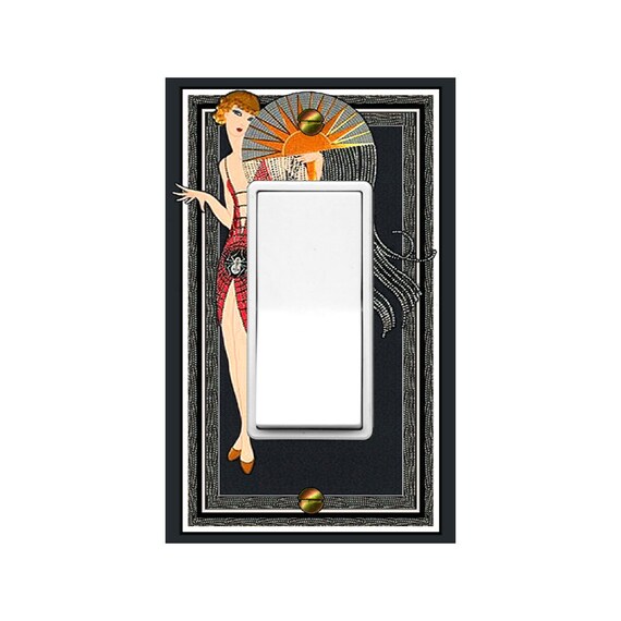 1738X Art Deco Erte Blurry Lady Spider Dress Sun Fan on Black ~ Mrs Butler Unique Switchplate Cover ~ Use Drop Down Box Below ~ See NEW 1738