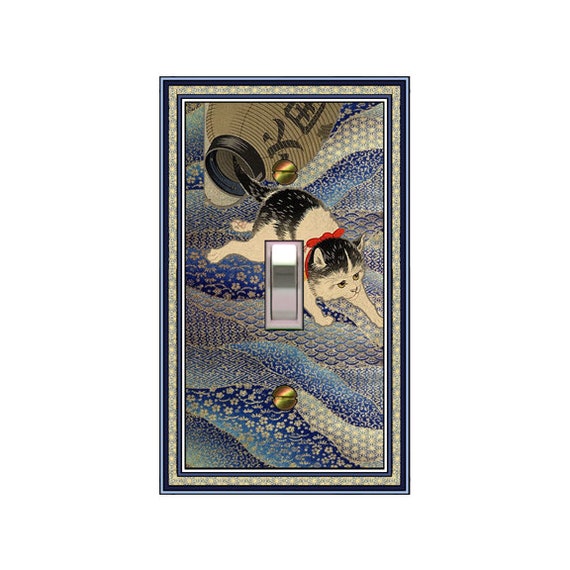 0350A Cat & Asian Lantern on Wavy Patchwork Tiny Floral Sea ~ Mrs Butler Unique Switchplate Cover ~ Use Drop Down Boxes ~ See 0350B Bkgd