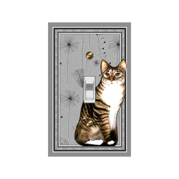0141C Tabby Cat on Retro Dandelion Wishes GrayScale Background ~ Mrs Butler Unique Switchplates ~ Use Drop Downs ~ See 0141B-G Variations