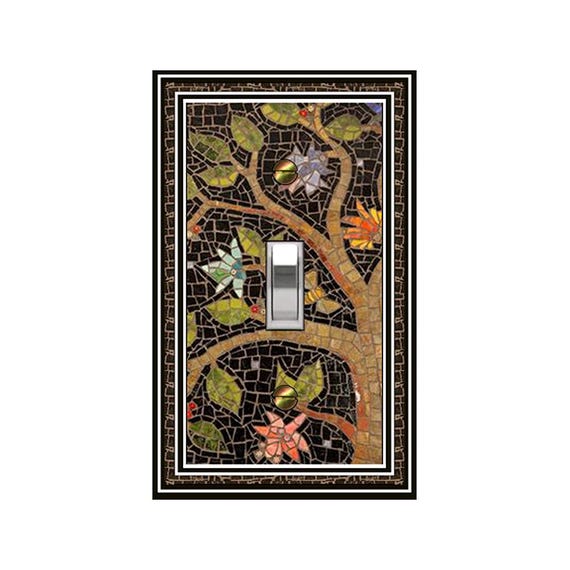 0580X Flat Image of Faux Mosaic Tree w/ Flowers & Bees on Black ~ Mrs Butler Unique Switchplate Cover ~ Use Drop Down Boxes Below