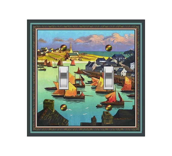 0490X ALO, 'Cote Sud Bretagne - Audierne Boats by Town Church Houses Birds ~ Mrs Butler Unique Switchplate Cover ~ Use Drop Down Boxes Below