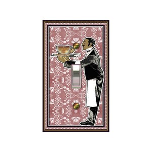 May include: A light switch cover with a vintage design featuring a waiter in a tuxedo holding a tray with a cup of tea. The background is a pink and white floral pattern.