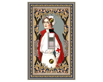 1512A Vintage Red Cross Nurse Leafy Vines Floral Accent ~ Mrs Butler Unique Switchplate Cover ~ Use Drop Down Box ~ 1512B Background Design