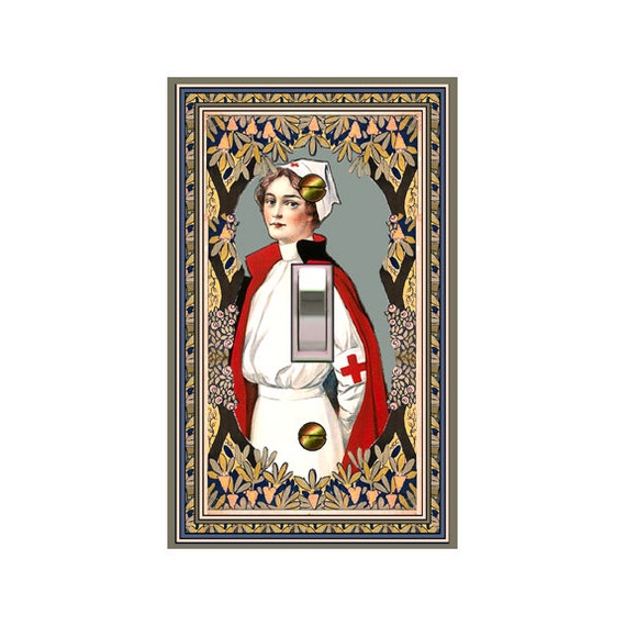1512A Vintage Red Cross Nurse Leafy Vines Floral Accent ~ Mrs Butler Unique Switchplate Cover ~ Use Drop Down Box ~ 1512B Background Design
