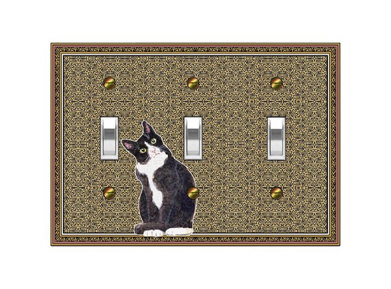0664A Curious Black & White Cat on Fun Tan Bkd ~ Mrs Butler Unique Switchplate Cover ~ Use Drop Down Boxes ~ Many Cat, Dog, Animal Designs