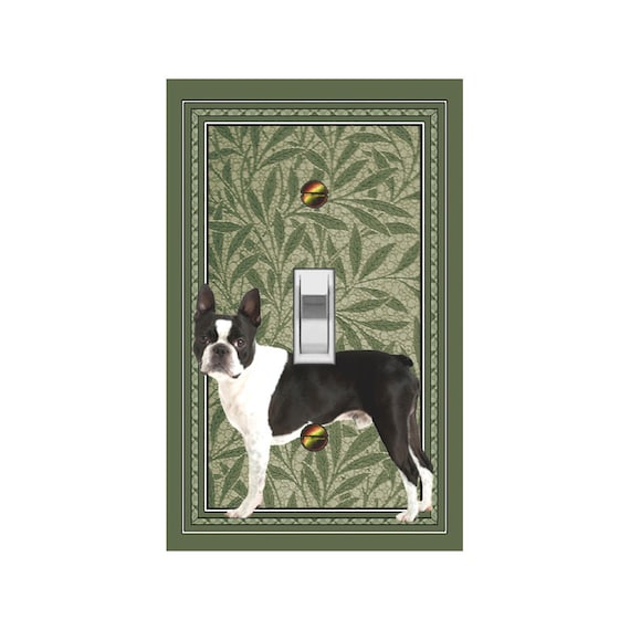 0281C Boston Terrier Black & White Dog on Green Leaves Batik Design ~ Mrs Butler Unique Switchplate ~ Use Drop Downs ~See 0281A-D Variations
