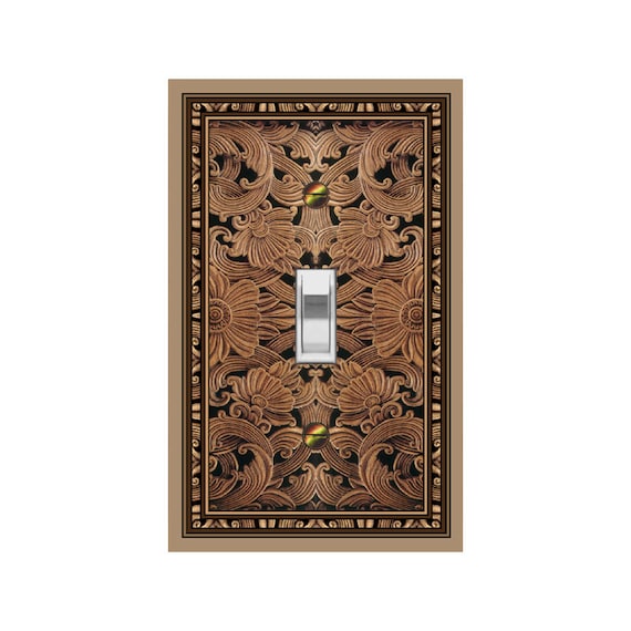 0408A Flat Image of Brown Bali Carving Faux Wood Scrolls ~ Mrs Butler Unique Switchplate Cover ~ Use Drop Down Boxes ~See 0408B-P Variations