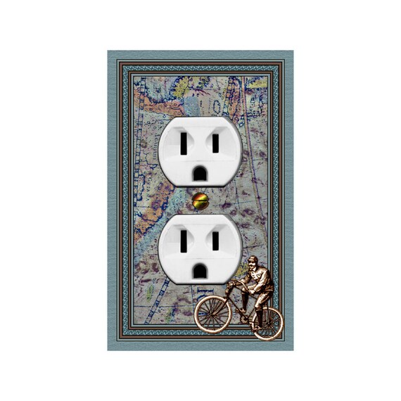 0724A Flat Image Vintage Sepia Blurry Man on Bicycle Faux Map ~ Mrs Butler Unique Switchplate ~Use Drop Downs ~ See 0724B-D, 0711A-B Options