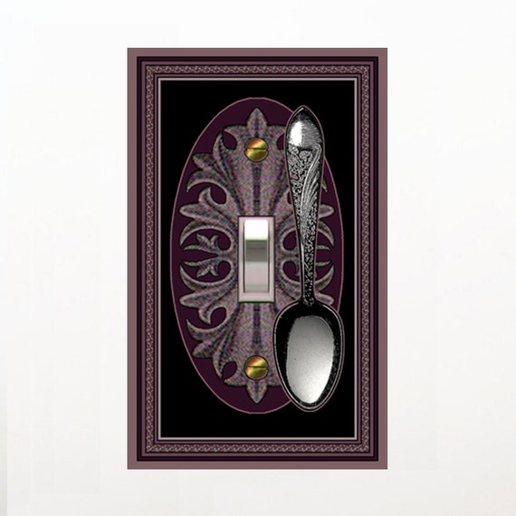 0617A Flat Image of Spoon on Elegant Leaf Inspired Bkgd ~ Mrs Butler Unique Switchplate ~ Use Drop Down Boxes Below ~ See 0617B-D Variations