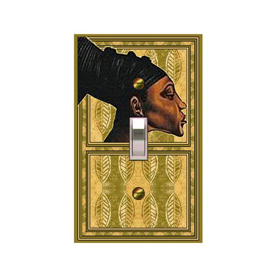 0751A African Beauty in Turban on Image of Leaf/Feathered Cloth ~ Mrs Butler Unique Switchplate Cover ~ Use Drop Down Boxes ~ See 0751B Bkgd