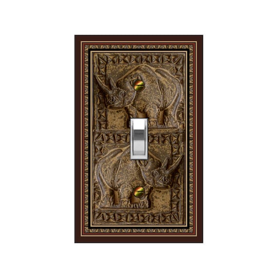 1651X Flat Image Faux Stone Carving African Rhinoceros Design ~ Mrs Butler Unique Switchplates ~Use Drop Downs~ See Other Faux Stone Designs