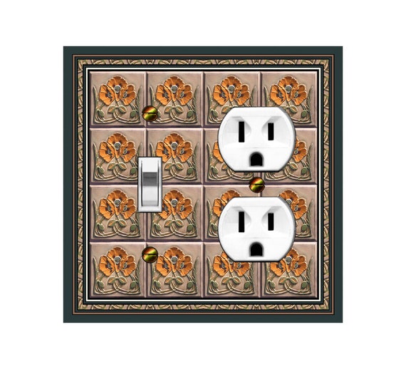 0582X Image of Art Deco Orange Poppies Flowers Faux Tiles ~ Mrs Butler Unique Switchplate Cover ~ Use Drop Down Box Below ~ 0582B Variation