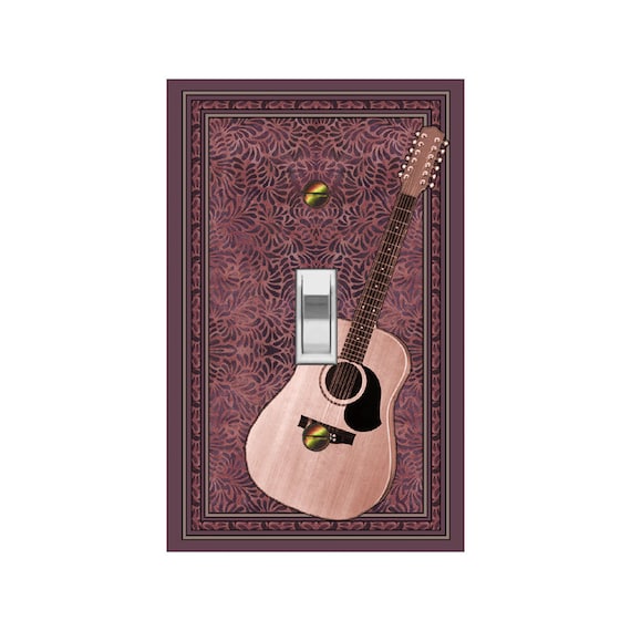 1609A Image Acoustic Guitar Faux Cloth Leaf-Inspired Design ~ Mrs Butler Unique Switchplate ~ Use Drop Downs ~ See 1609B Bkgd & More Guitars