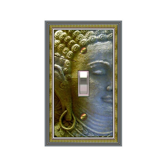 1460X Flat Image of Stone Buddha Head Gray Blue Gold ~ Mrs Butler Unique Switchplate Cover ~ Use Drop Down Boxes ~ See Other Buddha Designs