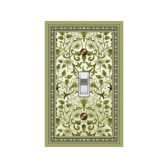 0775B Art Nouveau Morris Inspired Green Flowers & Leaves on White ~ Mrs Butler Unique Switchplate Cover ~ Use Drop Down Box Below