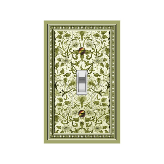 0775B Art Nouveau Morris Inspired Green Flowers & Leaves on White ~ Mrs Butler Unique Switchplate Cover ~ Use Drop Down Box Below