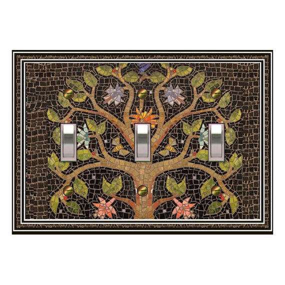 0580X Flat Image of Faux Mosaic Tree w/ Flowers & Bees on Black ~ Mrs Butler Unique Switchplate Cover ~ Use Drop Down Boxes Below