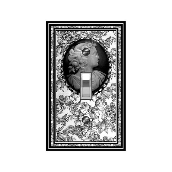 1641A Flat Image of Cameo on Black White Floral Toile Flowers ~ Mrs Butler Unique Switchplate Cover ~ See 1641B Bkd Toile & Other Variations