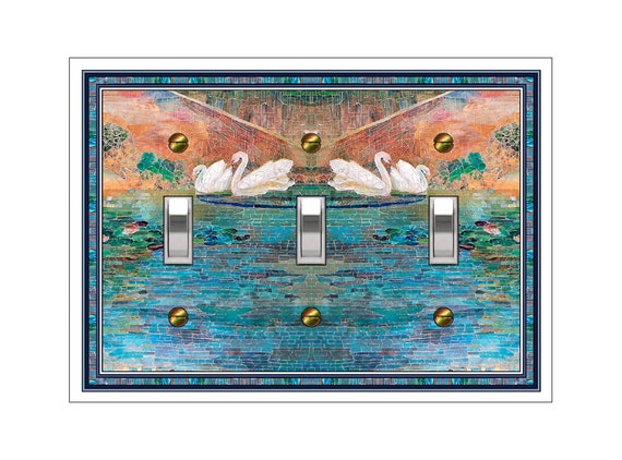 1758X Flat Image of Colorful Faux Mosaic Swans in Water ~ Mrs Butler Unique Switchplate Cover ~ Use Drop Downs ~ See Other Swans